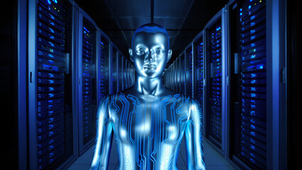AI Robotics Data Center Synthetic Neural Sentinel Blue Server Grid Tech Form 4K Cyber Systems