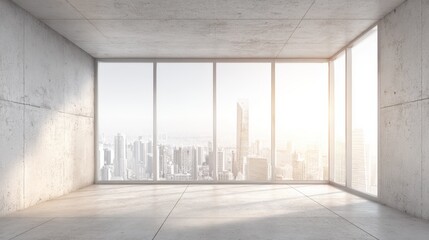 Obraz premium Minimalist Concrete Room with Expansive Window View of City Skyline in Soft Light