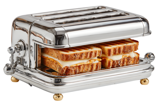 Dual-slot sandwich press with chrome finish and grilled sandwich inside ? great for cookbooks, websites, and visual food content - Powered by Adobe
