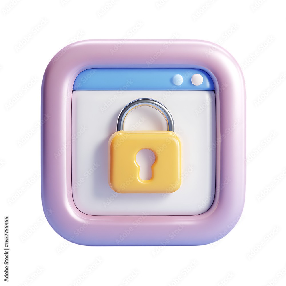 Poster 3d rendered yellow padlock secured on a digital browser window isolated on transparent background