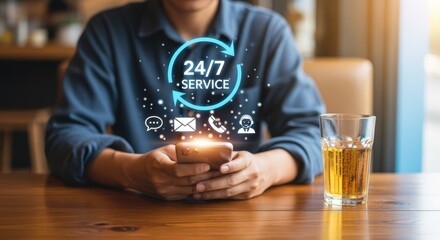 Man Uses Smartphone for 24/7 Service with Online Communication Icons, Demonstrating Customer Support and Technology