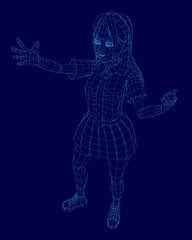 A 3D wireframe model of a college girl in school uniform stands with arms outstretched against a blue background. The detailed mesh structure highlights realistic proportions and dynamic pose.