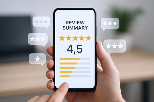 Customer Feedback on Mobile Phone Displaying 4.5 Star Review Summary, High Rating, Positive Experience