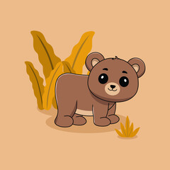 A fun cartoon illustration of a cute brown teddy bear character smiling and holding a flower