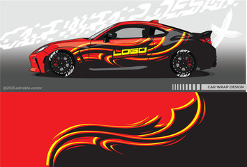 Illustration vector grahic of Car wrap decal with abstract design. Black red colour. Livery car editable. Mockup template sticker vinyl for racing, rally, or daily use.	