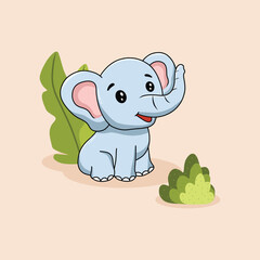 A funny drawing of a cute baby elephant cartoon, with a pink trunk, is a fun character illustration for any safari design