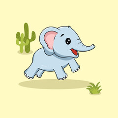 A funny elephant cartoon character with a big pink nose is a cute wild animal illustration for a fun baby zoo design
