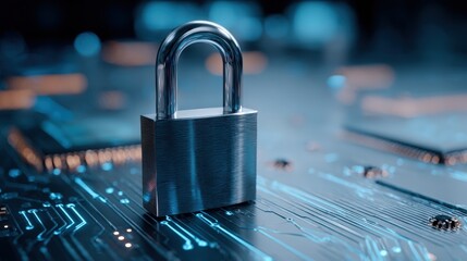 Cybersecurity Concept: Padlock on Computer Circuit Board Illustrating Data Protection and Digital Information Safety