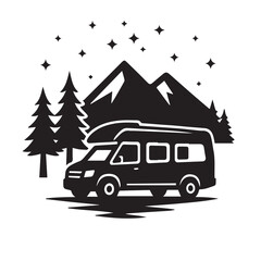 Black silhouette vector of a camper van parked under pine trees with mountains and stars in the background, clean minimal solid style, isolated on white background, perfect for travel T-shirt, sticker