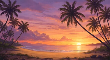 A breathtaking digital painting of a secluded tropical beach at sunset, showcasing vibrant colors and silhouetted palm trees.