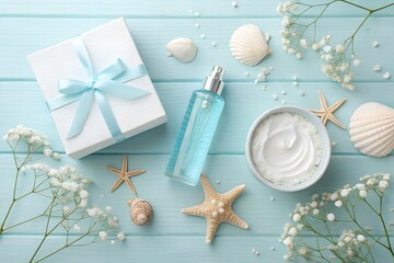 Ocean inspired spa gift set with skincare products and seashells