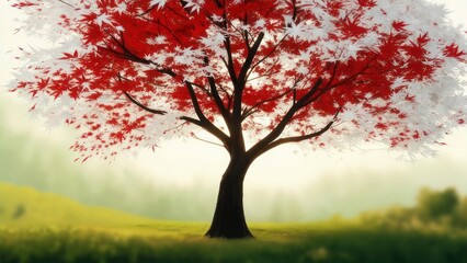 Fototapeta premium Solitary Maple Tree with Vivid Red and White Leaves in a Dreamy Hazy Field.