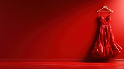 This vibrant red dress hangs elegantly against a matching red wall, showcasing its design and the mesmerizing play of light and texture in a striking presentation.