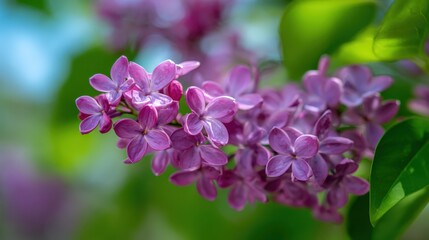 Blooming Lilac Branch: Vibrant Purple Flowers in Springtime, Close-Up Floral Beauty with Green Leaves