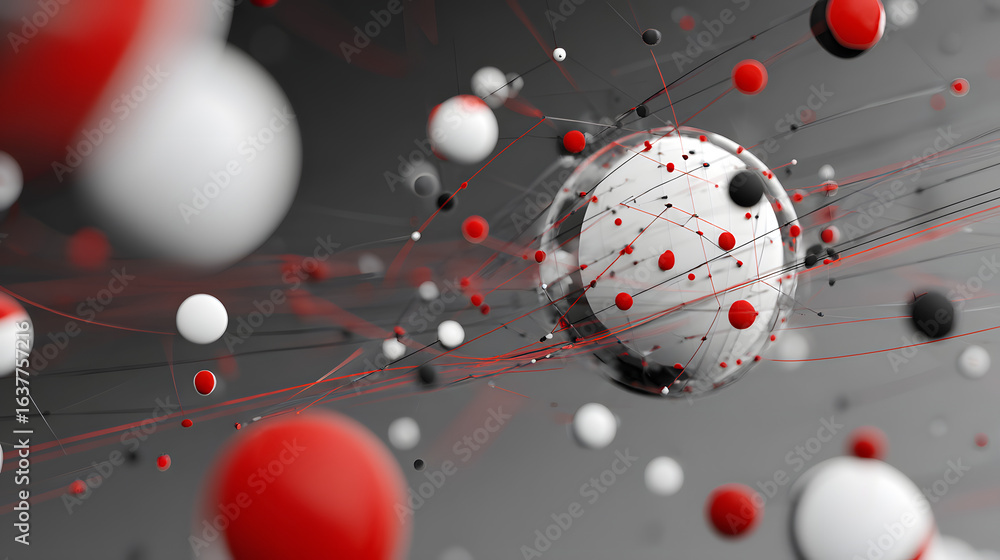 Poster abstract spheres of interconnection: a mesmerizing display of interconnected spheres in vibrant red,