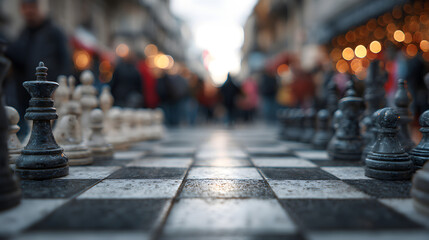 A chess game set up on a board in a public place with people walking by in the background blurred out