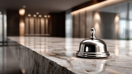 An elegant silver bell positioned on a polished marble reception desk, symbolizing hospitality and service, set within a modern, sophisticated environment.