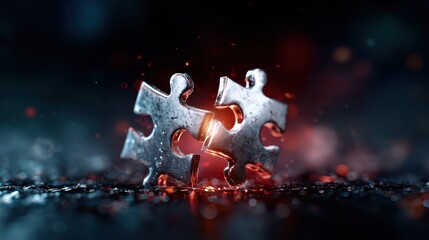 An artistic representation of two silver puzzle pieces merging, symbolizing unity, problem-solving, and the notion of finding the right fit in life and relationships.