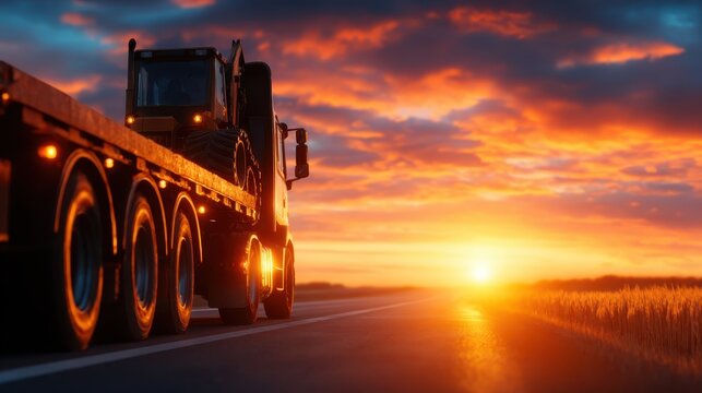 A striking silhouette of a truck on an open road at sunset highlights the beauty of transportation, adventure, and the breathtaking moments that road journeys can provide. - Powered by Adobe