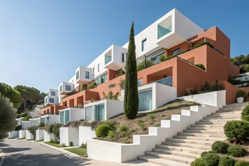 Modern terraced houses on a sunny hillside with lush greenery