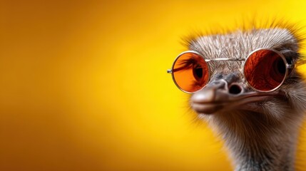 A quirky ostrich wearing stylish orange sunglasses stands confidently in front of a vibrant yellow backdrop, showcasing a playful and humorous take on animal photography.