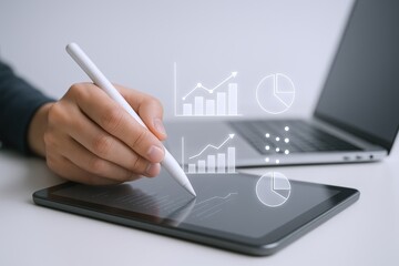 Digital analysis using tablet and stylus, financial data visualization for business strategy and investment