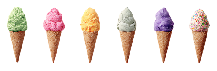 Row of various flavored ice cream cones transparent PNG isolated background