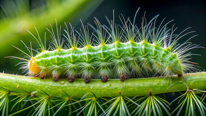 Fototapeta premium Macro of a green caterpillar with fine white hairs crawling on a fresh leaf