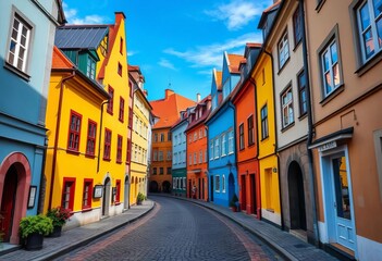 Obraz premium Vibrant houses line a narrow, cobbled Prague street, Prague, Old Town
