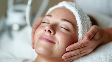 A woman enjoys a skincare therapy session, lying back with a relaxed expression, enveloped in a peaceful atmosphere, emphasizing personal care and tranquility.