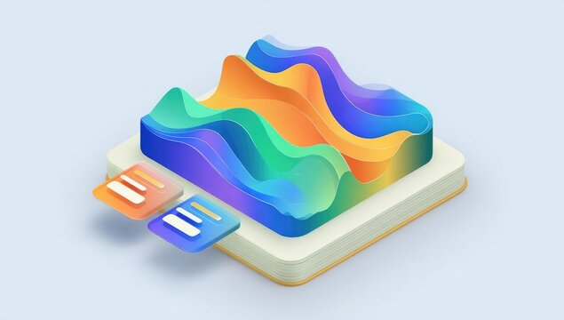 Colorful 3D data visualization graphic, layered shapes, and cards