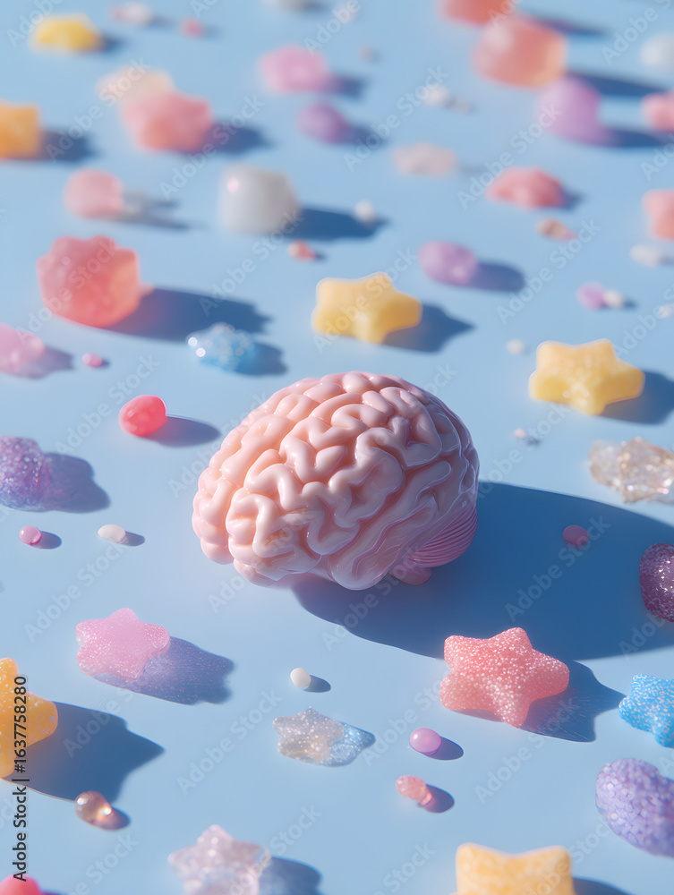 Poster brain in the candy universe: a surreal and captivating image showcases a brain-shaped object artfull