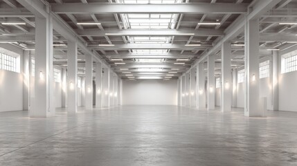 Obraz premium Bright Empty Warehouse Interior with Concrete Floor and White Pillars, Perfect for Commercial or Industrial Use