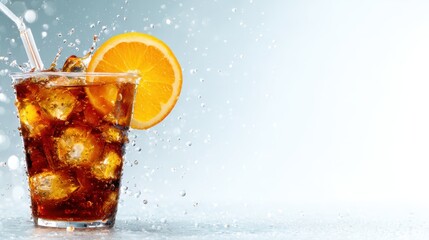 A tantalizing cold beverage brimming with ice cubes and topped with an orange slice, showcasing refreshment through vibrant visuals and dynamic splashes against a soft background.