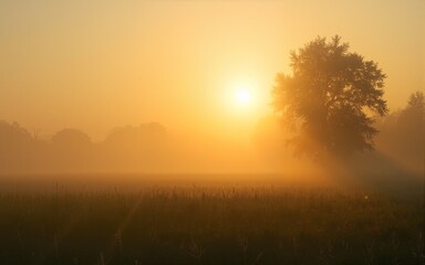 Fototapeta premium Golden Sunlight Through Fog on a Field of Grass with Trees. High quality