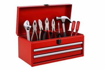 Open Red Metal Toolbox Filled With Assorted Hand Tools Including Wrenches, Pliers, Screwdrivers, and a Hammer