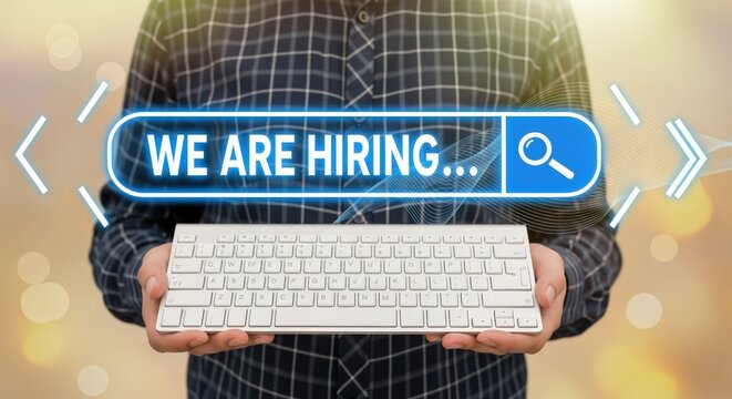 Open Position Concept: Professional Holds Keyboard with "We Are Hiring" Search Bar Graphic Overlay