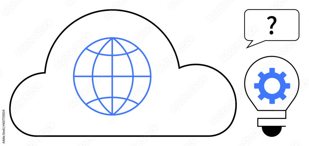 Poster cloud with globe representing global connectivity, lightbulb with gear and question mark for innovat
