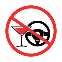 No drinking and driving warning sign with cocktail glass and steering wheel, safety symbol