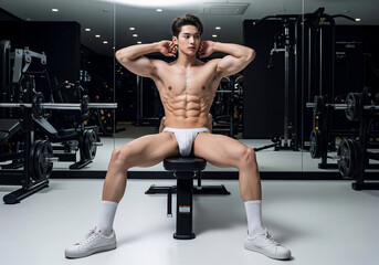 Muscular asian  man in white underwear poses confidently in gym background, showcasing his toned physique. Perfect for fitness, health, and athletic themes.