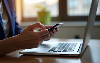 Hands holding phone, interacting with laptop, online learning, mobile banking, digital lifestyle, home office. Technology integration, e-commerce, telecommuting, financial transactions. High quality
