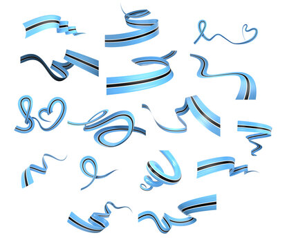 Set Of Different Style Of Botswana Wavy Abstract Ribbon Flags On White Background 3d Illustration