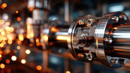 A close-up of a shiny industrial pipe with visible sparks in the background illustrates the theme of machinery and manufacturing in a high-tech environment.