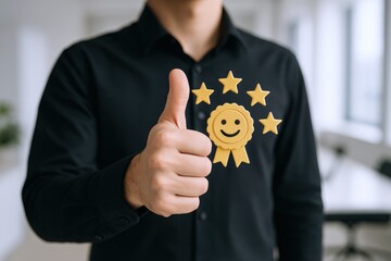 Customer Satisfaction Concept: Person Giving Thumbs Up with Positive Review Icon and Star Ratings Illustration