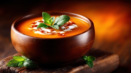 A comforting bowl of creamy soup garnished with fresh mint leaves, presented in a rustic wooden bowl on a wooden surface, radiating warmth and inviting aromas.