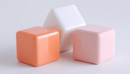 Obraz premium Three glossy, colored cubes, one white triangular prism, arranged on a light background