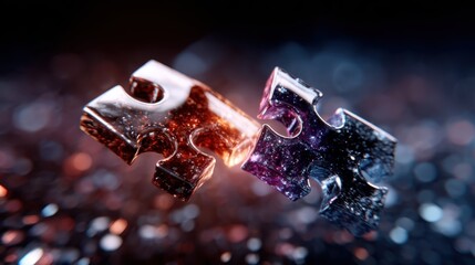 Two cosmic puzzle pieces engage in a perfect fit, symbolizing the connection between the universe and individual comprehension in a dazzling, abstract space.