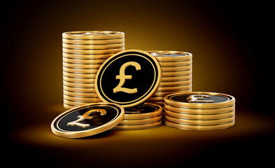 Stack Of Golden And Black British Pound Coins Set On Shiny Golden Glow Background 3d Illustration