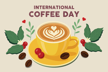 International Coffee Day illustration with yellow coffee cup heart latte art surrounded by coffee beans berries leaves and flowers