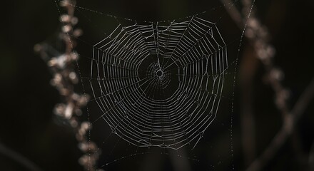 A closeup shot of a spider web with a blurry dark background. in vivid detail